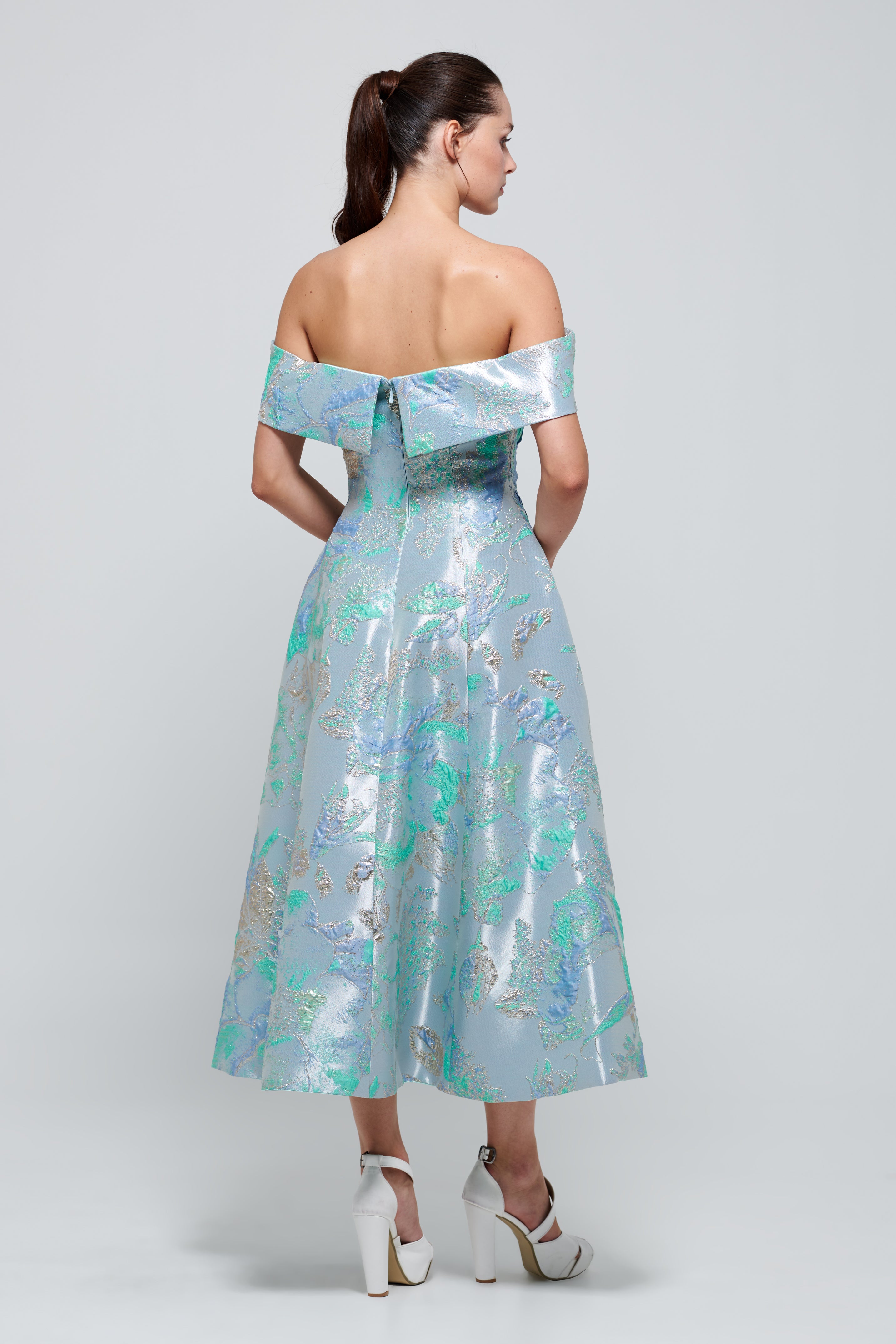 Rounded Off-The-Shoulder Midi Floral Jacquard Dress