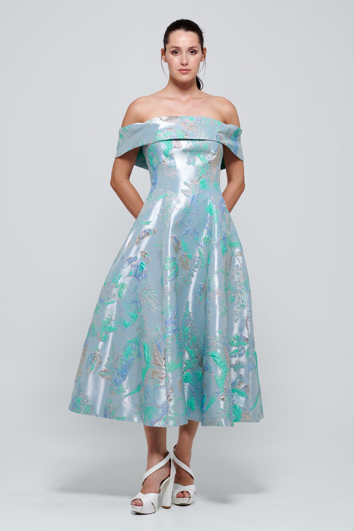 Rounded Off-The-Shoulder Midi Floral Jacquard Dress
