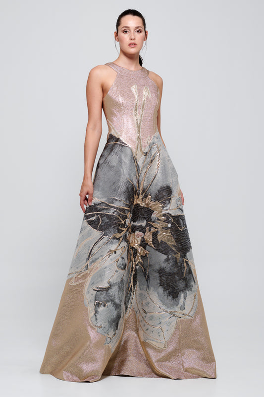 Halter Neckline Metallic Jacquard Floor-Length Dress
