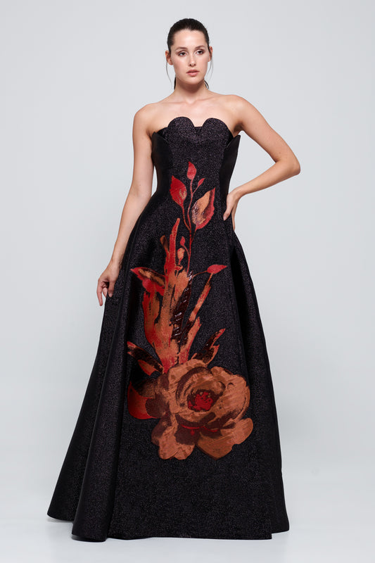 Strapless Printed Detail Long Dress