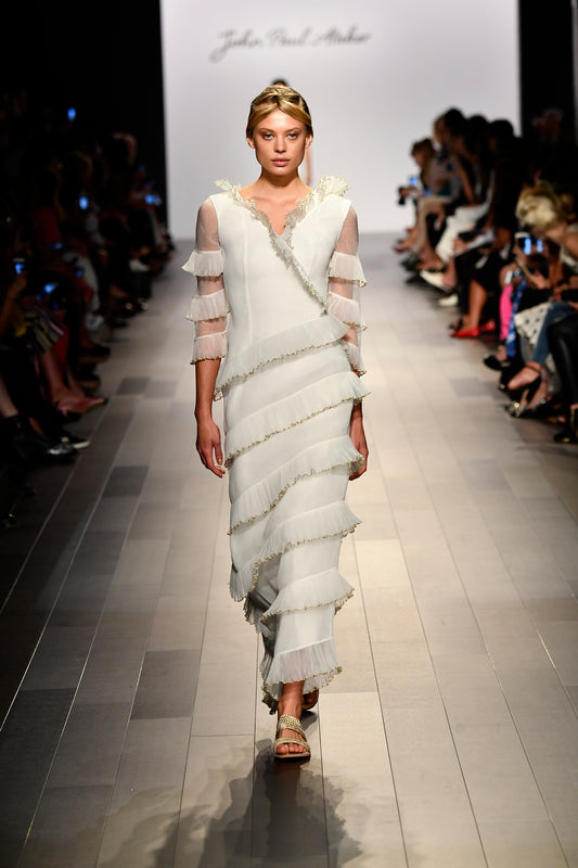 Pleated Organza Long Dress with Metallic Yarn Detail