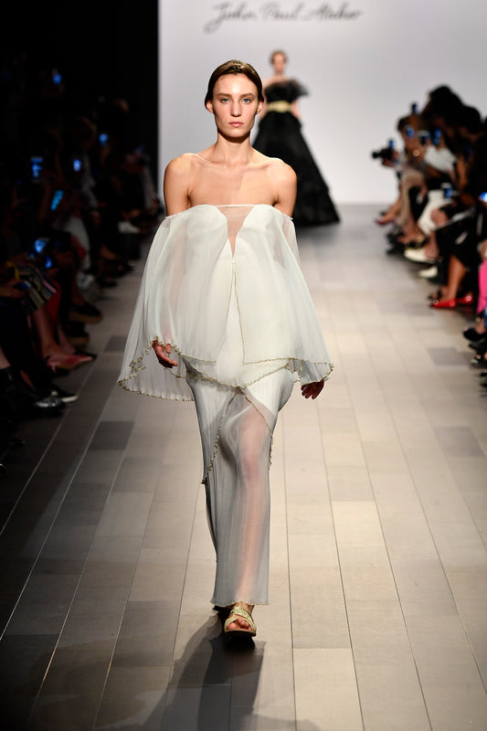 Pleated Organza Long Dress with Metallic Yarn Detail