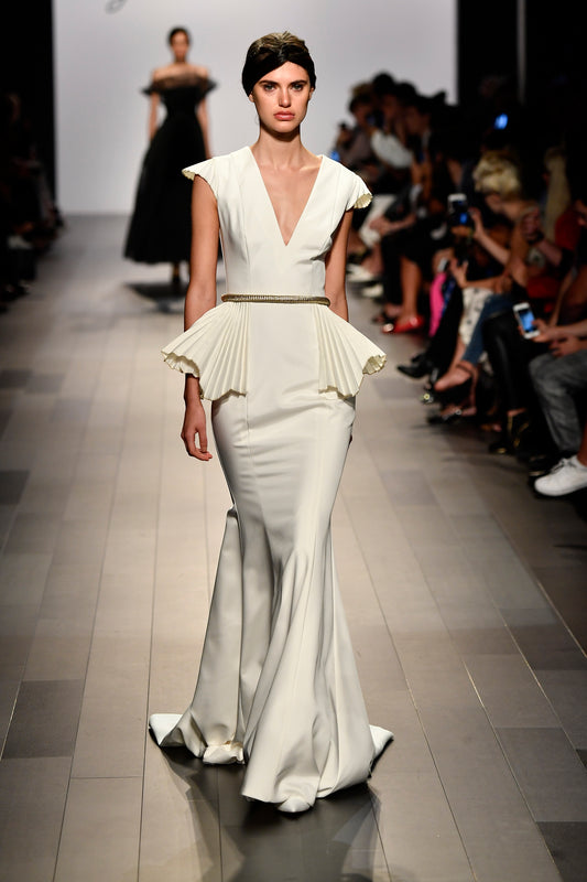 Pleated Taffeta Structured Faille Long Dress