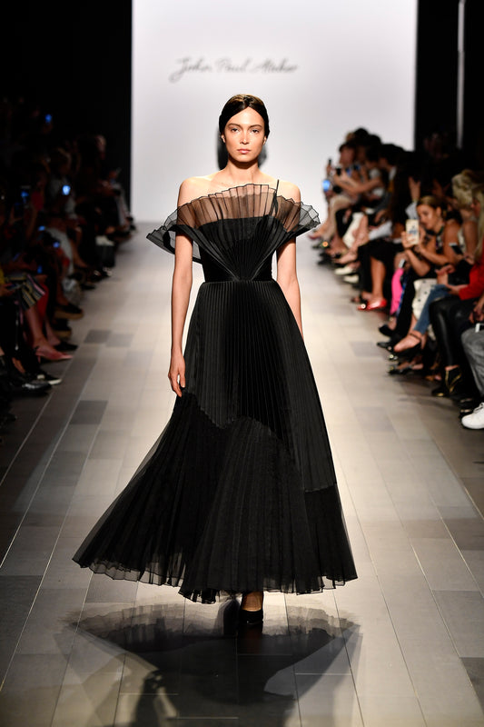 Pleated Taffeta and Organza Long Dress