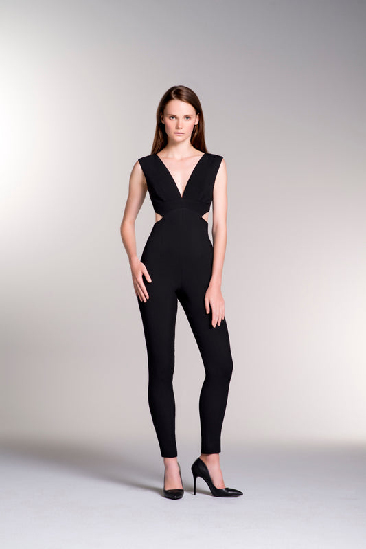 Cut-Out Detailed Ribbed Jacquard Jumpsuit