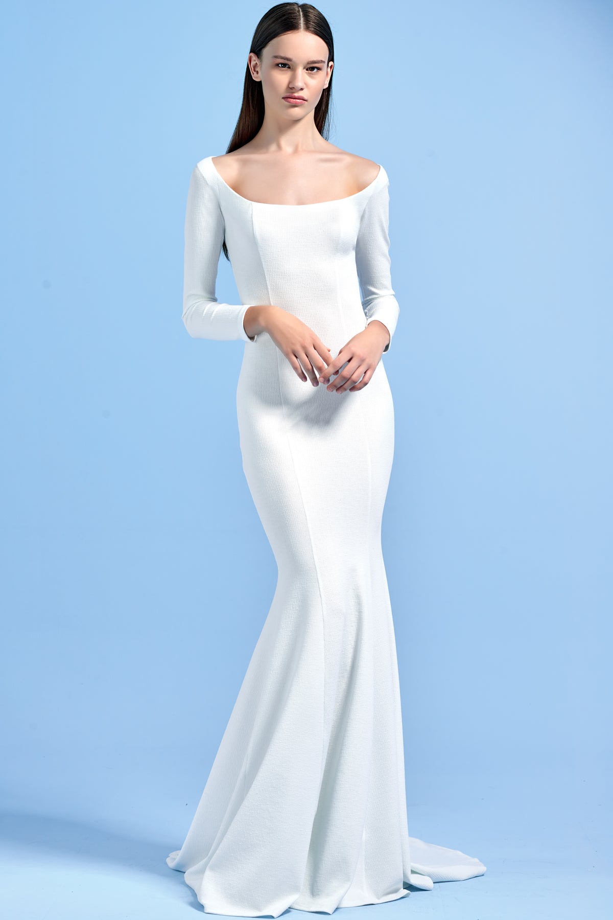 Stretch Jacquard Knit Long Sleeve Long Dress