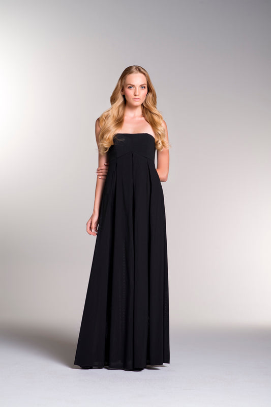 Strapless Pleated Cotton Twill Long Dress