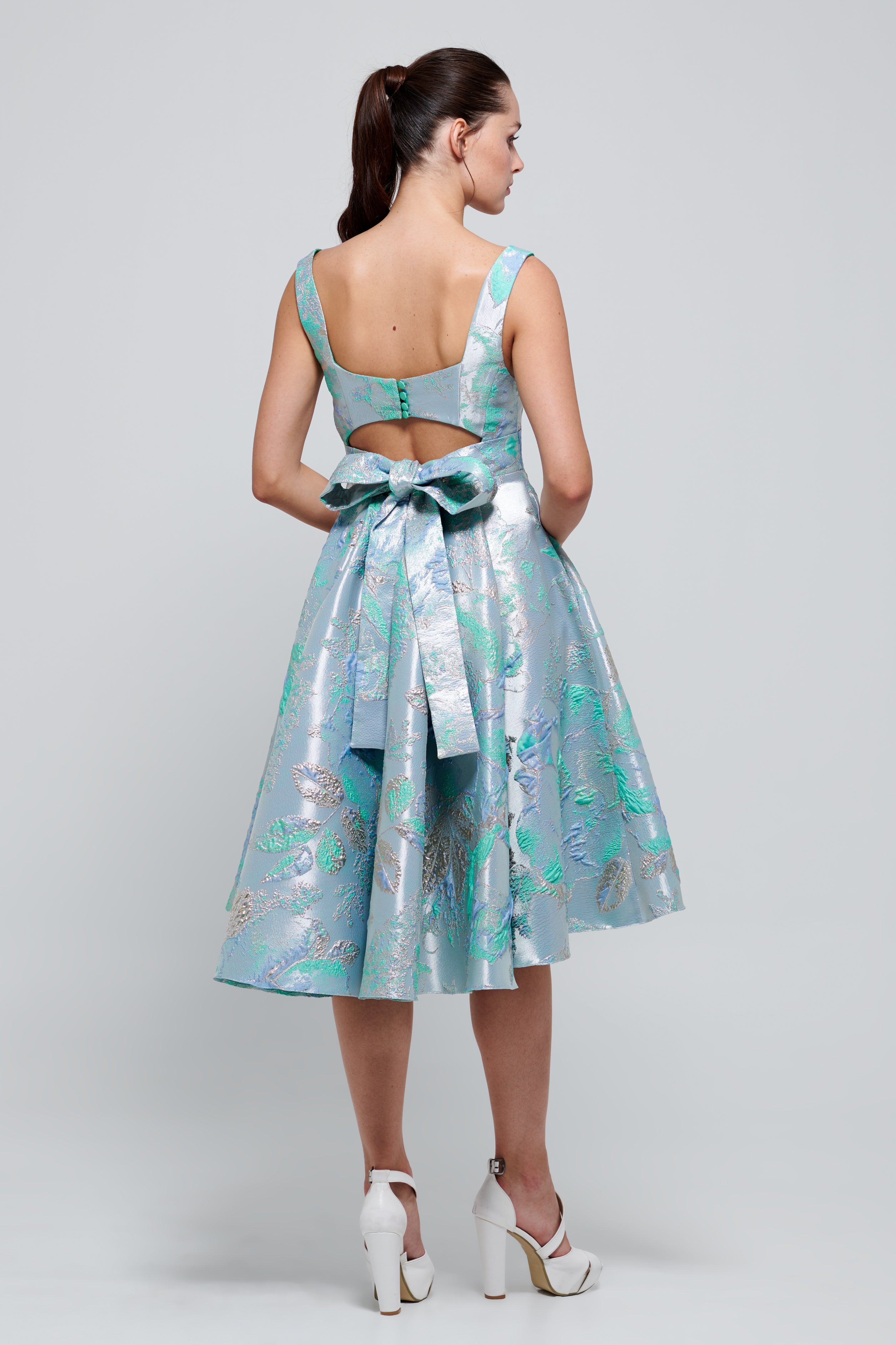 Square Neckline Printed Jacquard Knee Length Dress Light Blue Square Neckline Printed Jacquard Knee Length Dress Light Blue