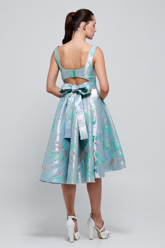 Square Neckline Printed Jacquard Knee Length Dress