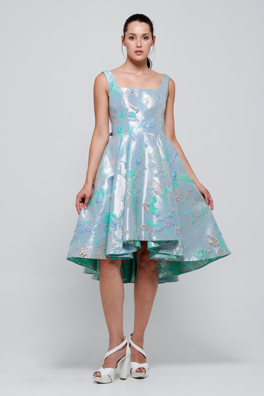 Square Neckline Printed Jacquard Knee Length Dress