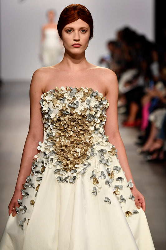 Strapless Taffeta Long Dress with 3D Flower Appliqué