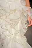 Organza Ruffles with Metallic Yarn Detailed Faille Long Dress