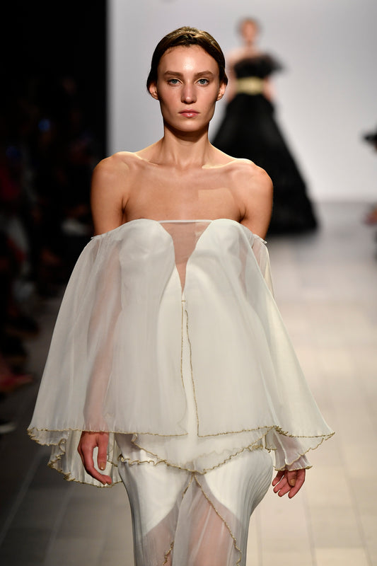 Pleated Organza Long Dress with Metallic Yarn Detail