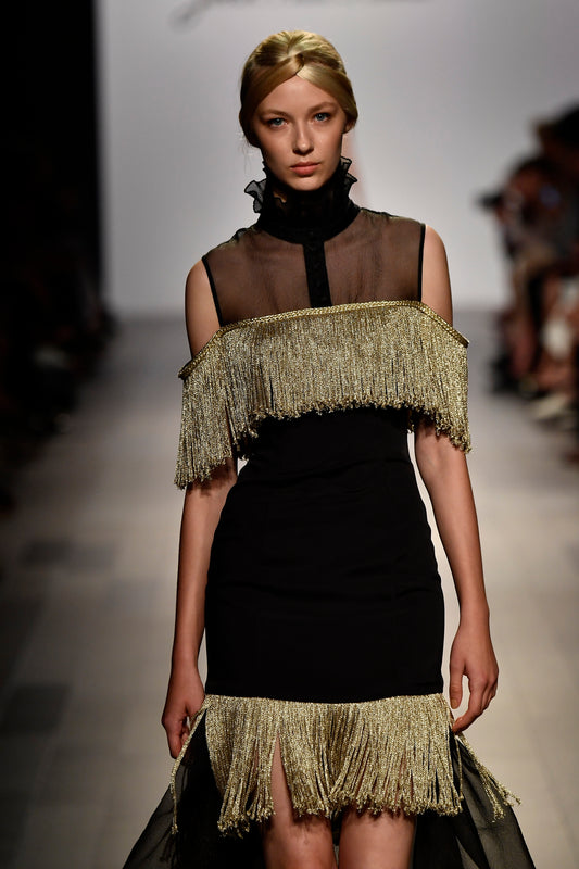 Metallic Fringe Detailed Faille Short Dress