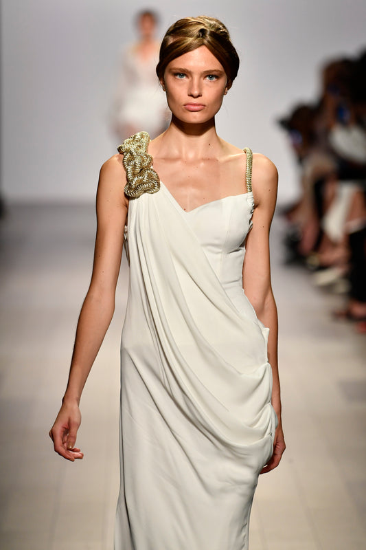Metallic Cord Detailed Viscose Satin Draped Long Dress
