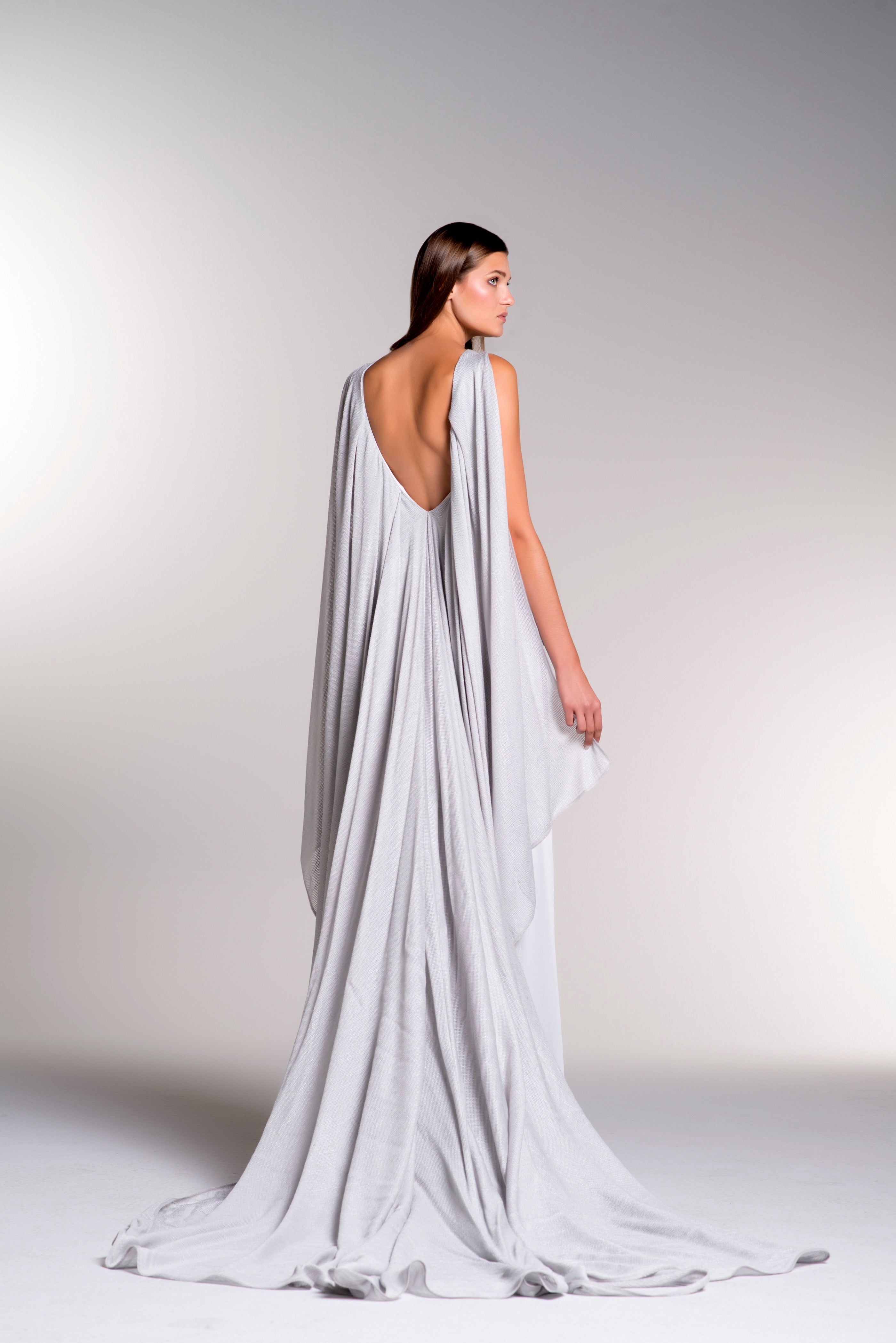 mesh cape dress Mera Mesh Tulle Cape Gown In Skin Rhea Costa