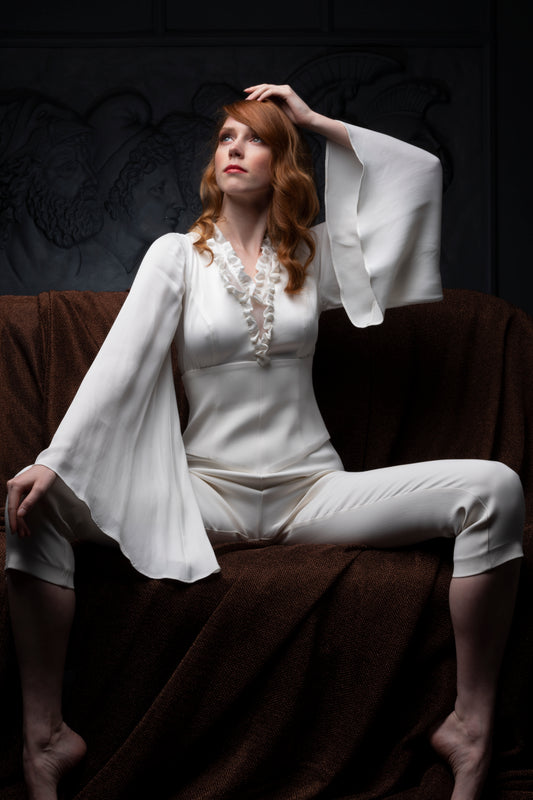 Ruffled Viscose Jacquard and Faille Jumpsuit with Organza Detail