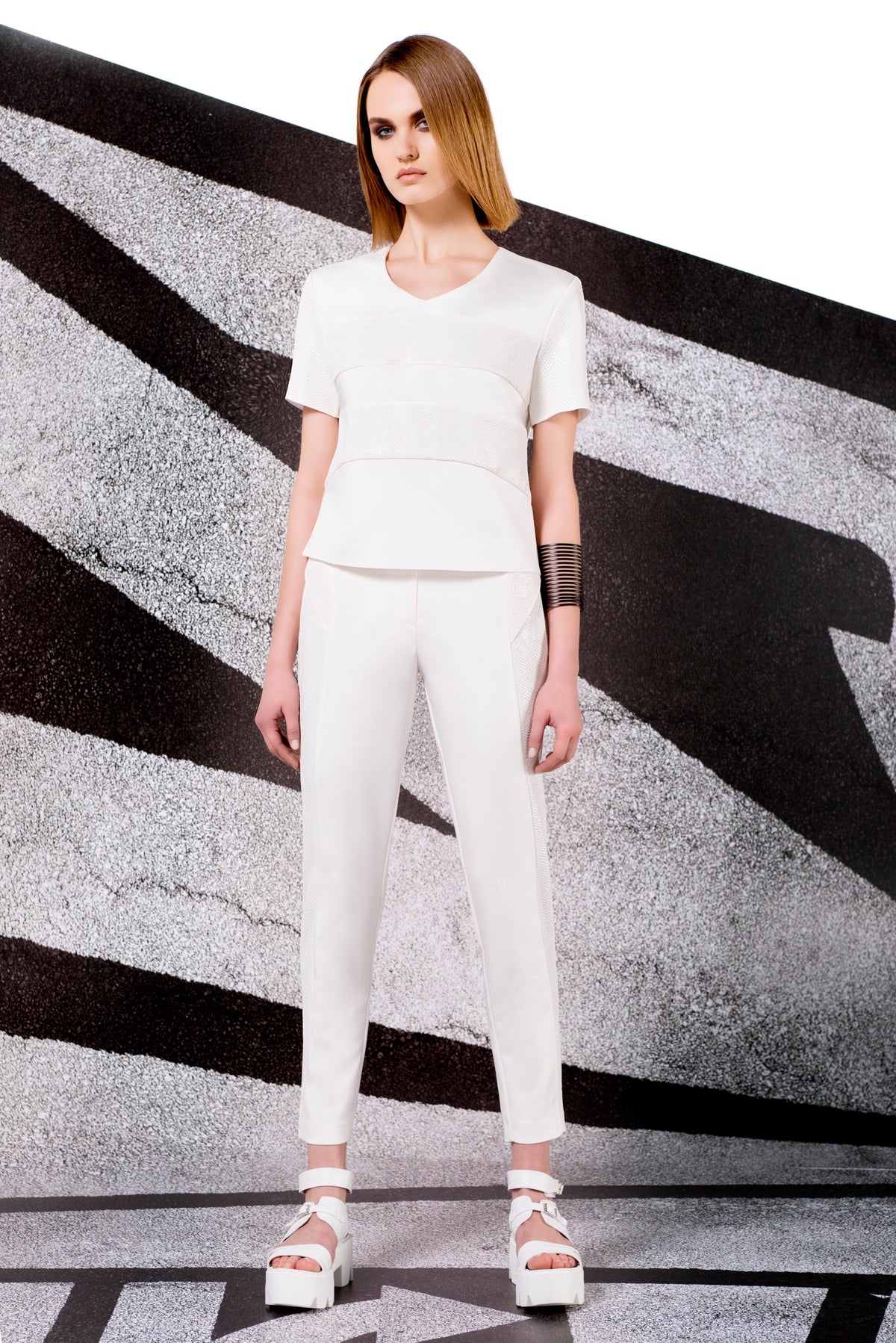 Leatherette Paneled Faille Top and Pant