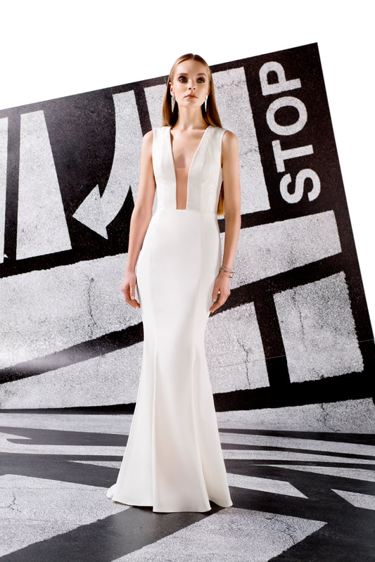 Cut-Out Detailed Faille and Leatherette Mermaid Dress