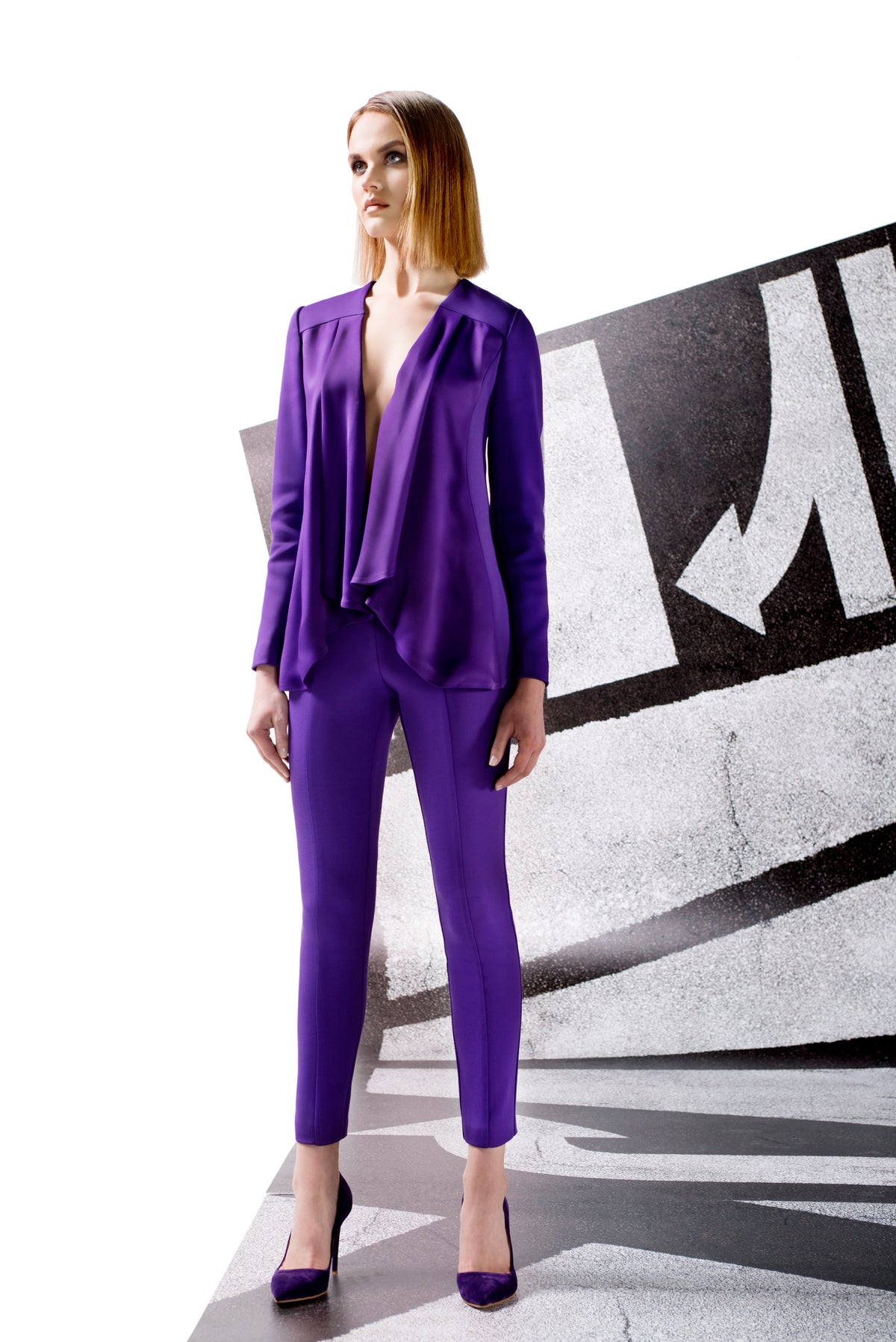 Draped Double Viscose and Satin Jacket with Skinny Pant