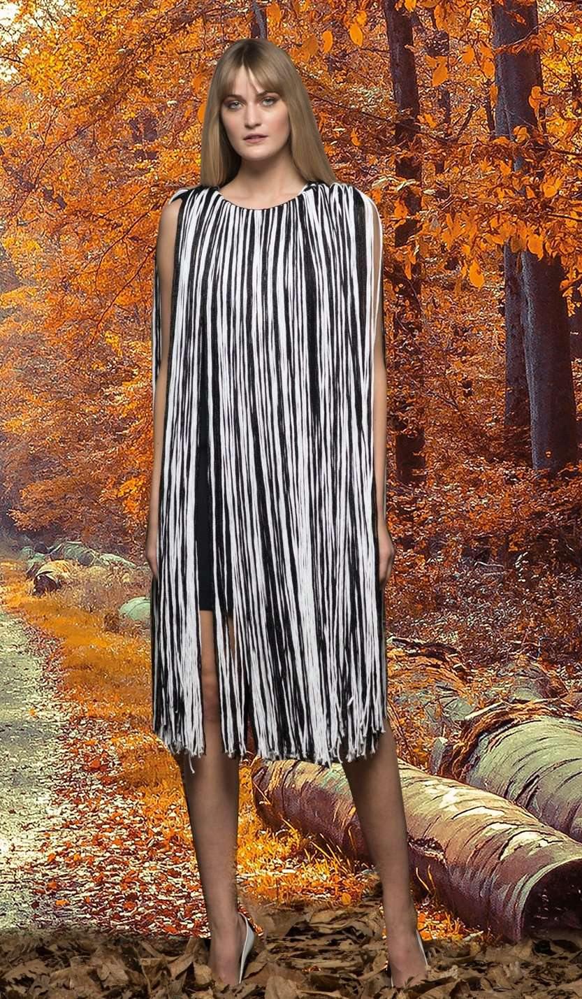 Two-toned band fringe detailed double-faced viscose short dress - John Paul Ataker