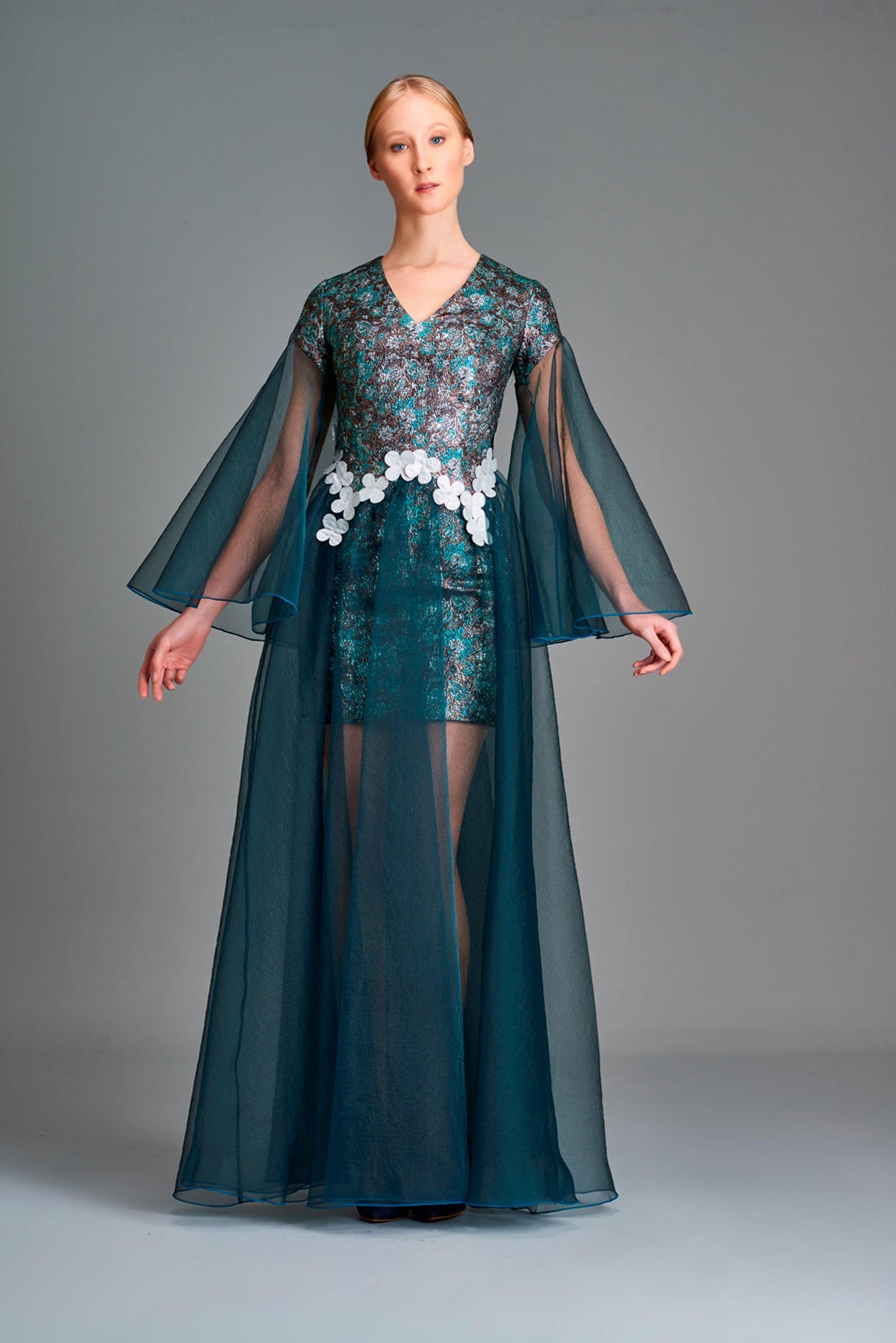 Metallic flowered jacquard and organza dress - John Paul Ataker
