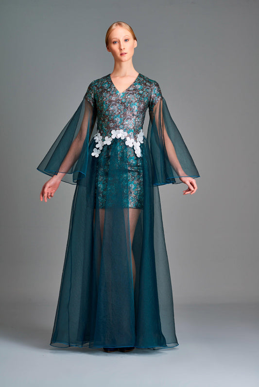 Metallic flowered jacquard and organza dress - John Paul Ataker