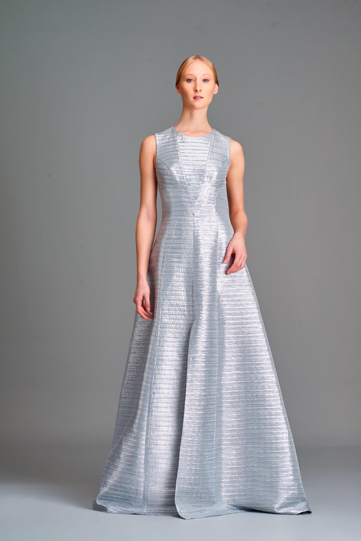 Pleated metallic satin open-back gown - John Paul Ataker