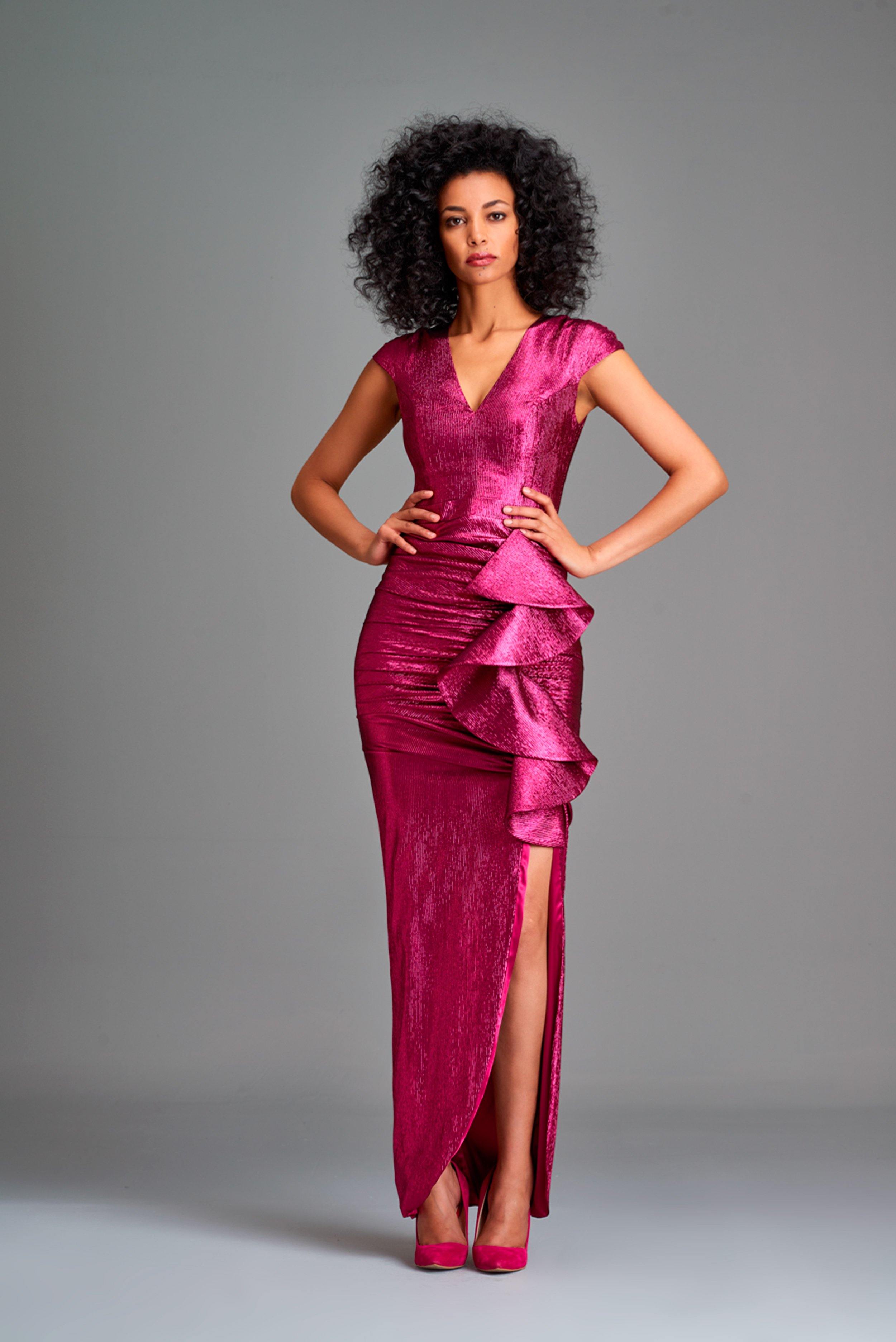 Ruffled stretch metallic draped long dress - John Paul Ataker