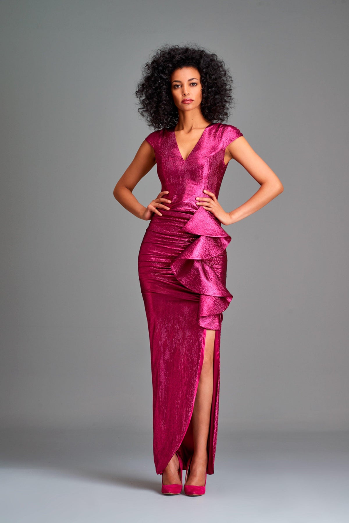 Ruffled stretch metallic draped long dress - John Paul Ataker