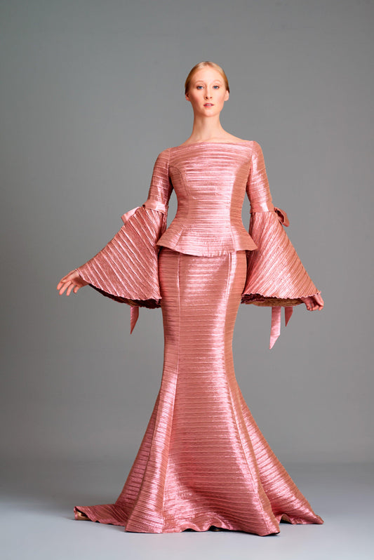 Pleated metallic satin long sleeve gown - John Paul Ataker