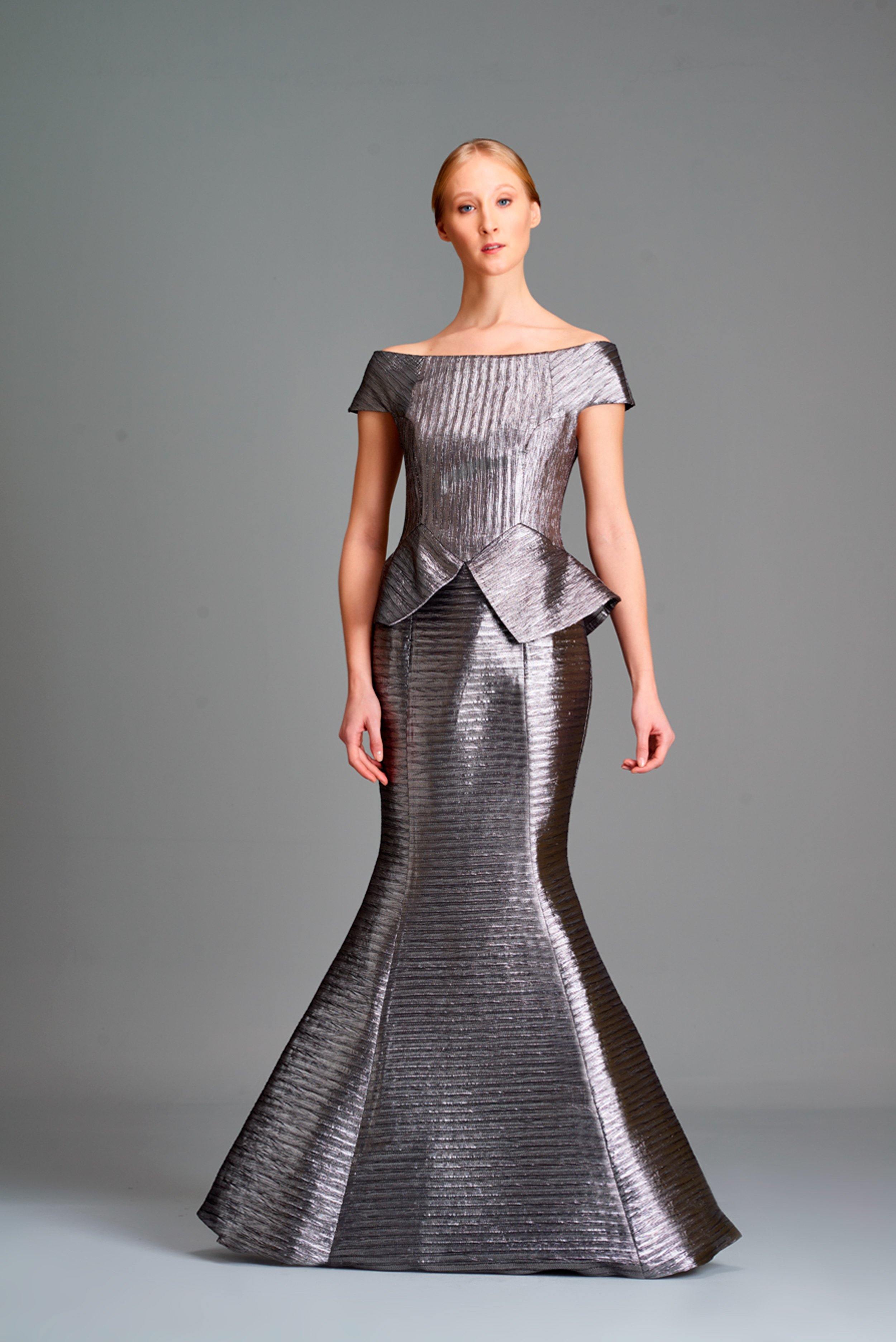 Pleated metallic satin off-shoulder gown - John Paul Ataker