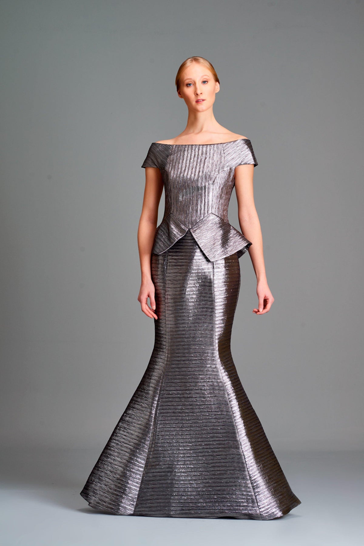 Pleated metallic satin off-shoulder gown - John Paul Ataker