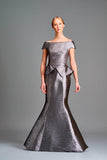 Pleated metallic satin off-shoulder gown - John Paul Ataker