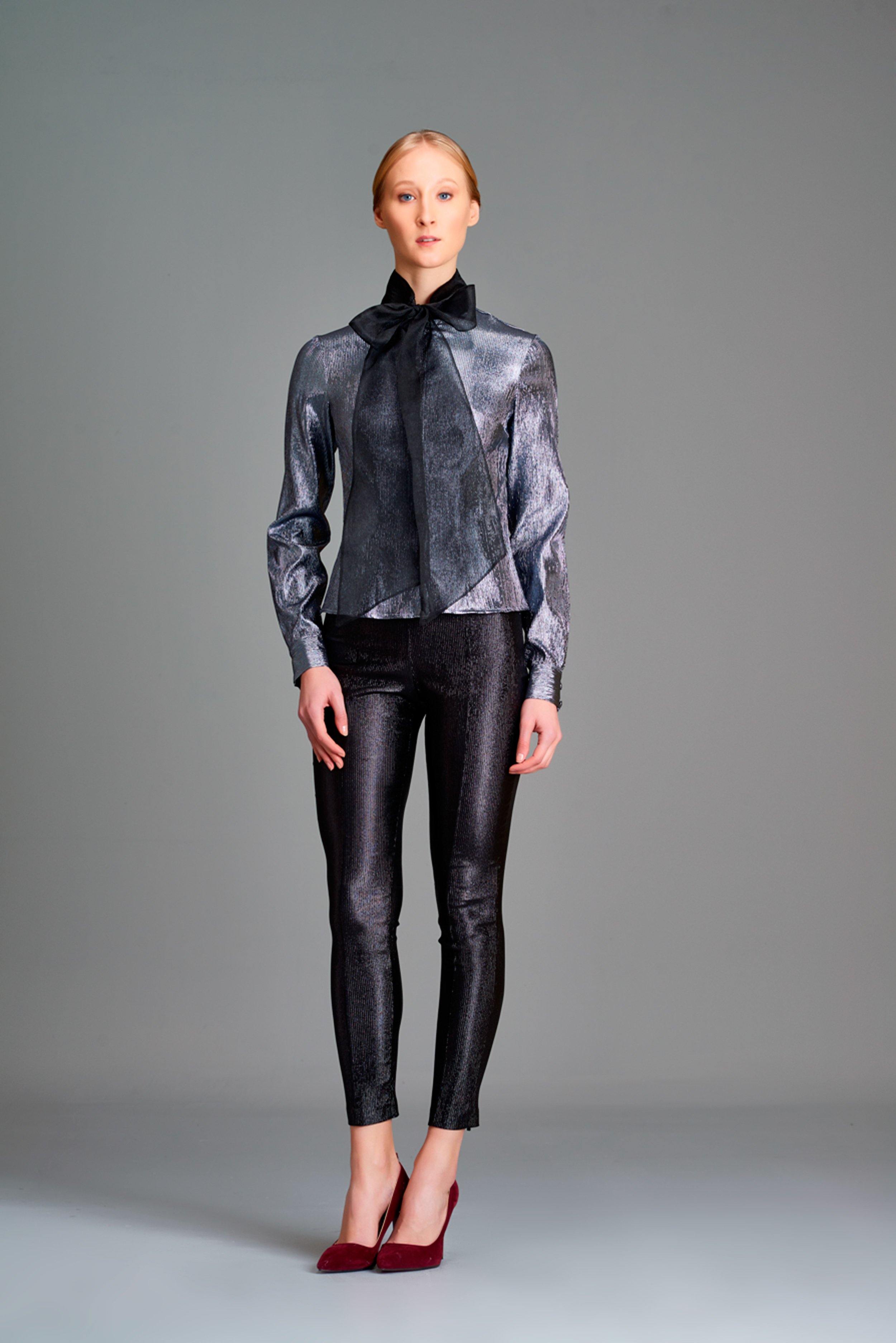 Stretch metallic fabric top with organza shawl - John Paul Ataker