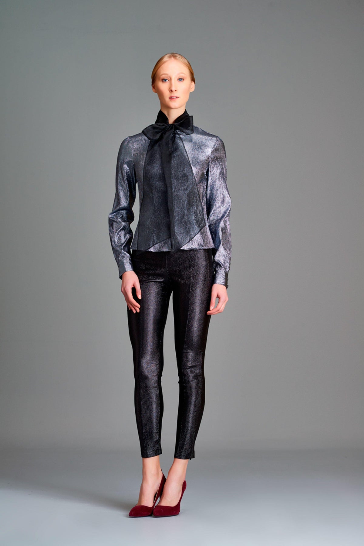 Stretch metallic fabric top with organza shawl - John Paul Ataker