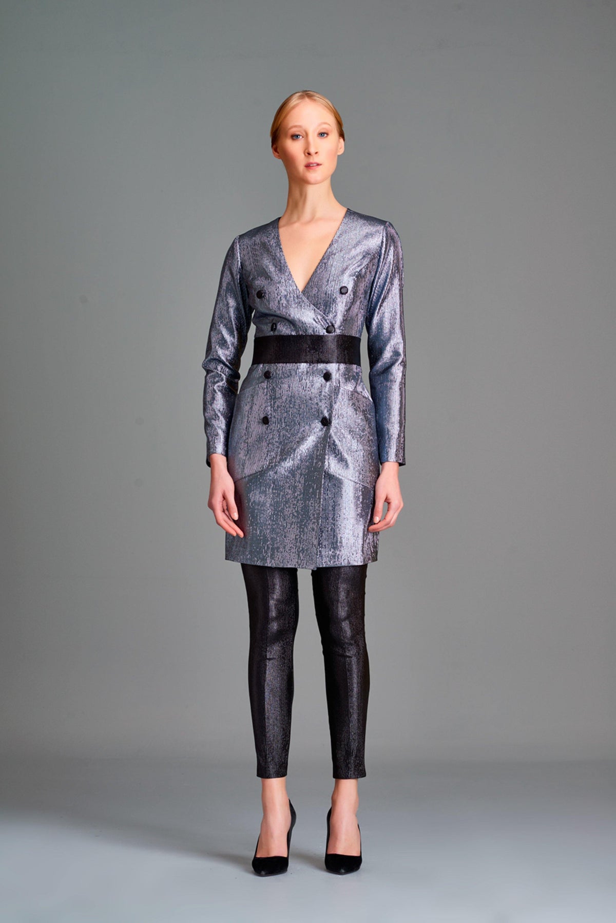 Two-tone stretch metallic draped short dress - John Paul Ataker