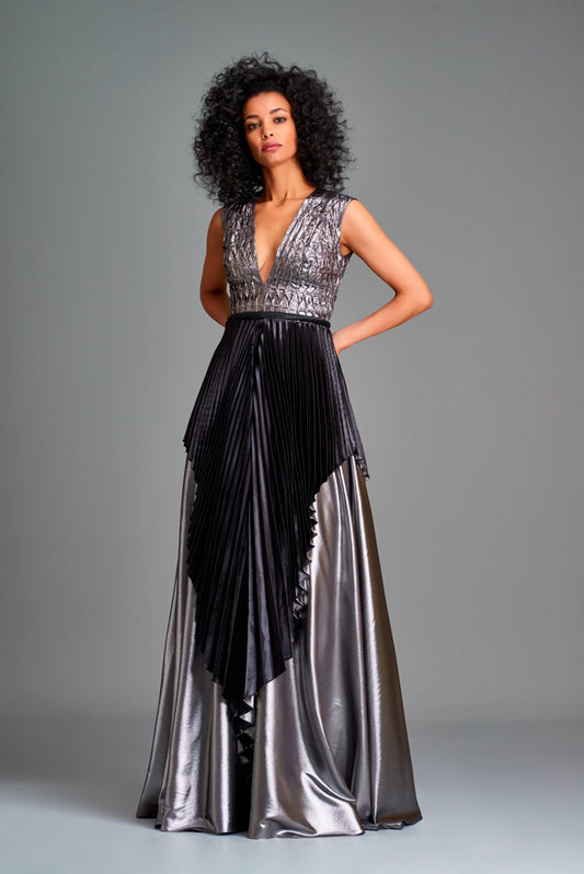 Pleated  metallic satin gown with bodice detail - John Paul Ataker