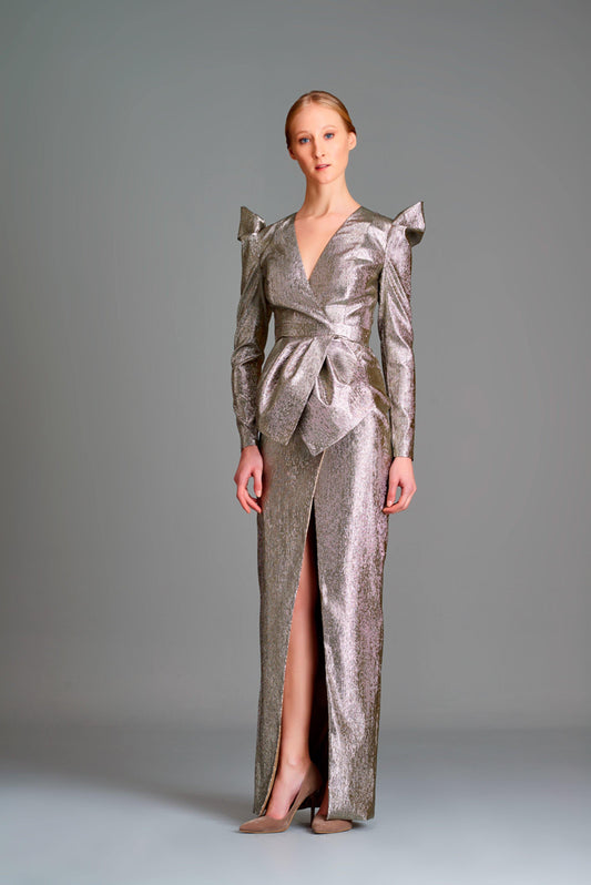 Structured sleeve stretch metallic draped long dress - John Paul Ataker