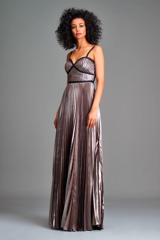 Pleated metallic satin gown with metallic band trim - John Paul Ataker