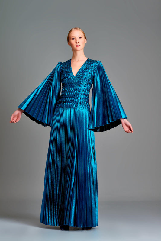 Pleated  metallic satin gown with bodice detail - John Paul Ataker