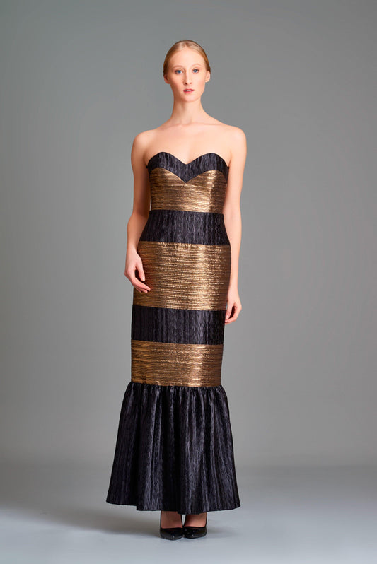 Pleated metallic satin paneled gown - John Paul Ataker