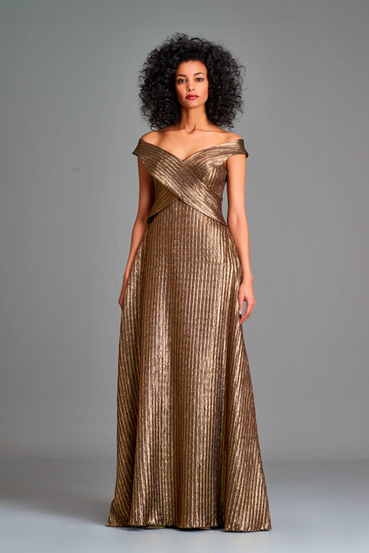 Pleated metallic satin open-back gown - John Paul Ataker