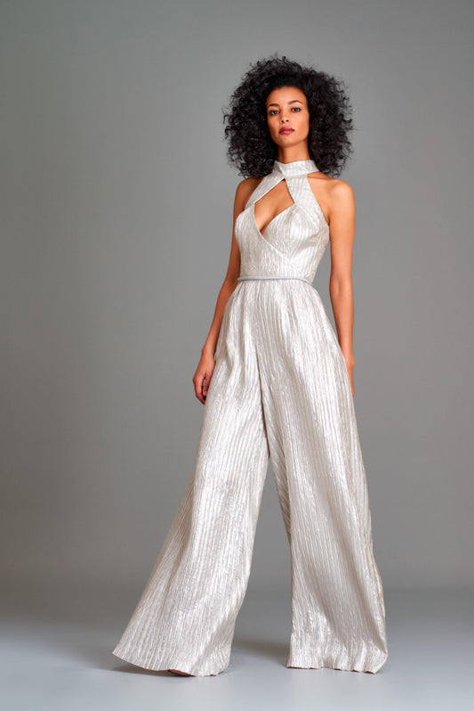 Pleated metallic satin jumpsuit with cord belt - John Paul Ataker