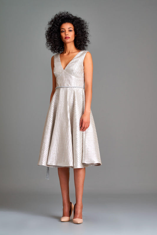 Pleated metallic satin short dress with cord belt - John Paul Ataker