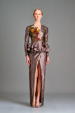 Flowered jacquard and stretch metallic draped long dress - John Paul Ataker