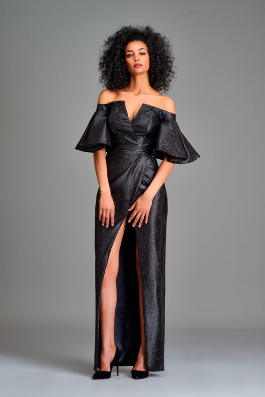 Off-shoulder stretch metallic draped long dress - John Paul Ataker