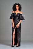 Off-shoulder stretch metallic draped long dress - John Paul Ataker