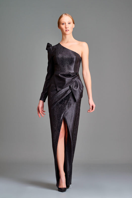 One-sleeve stretch metallic draped long dress - John Paul Ataker