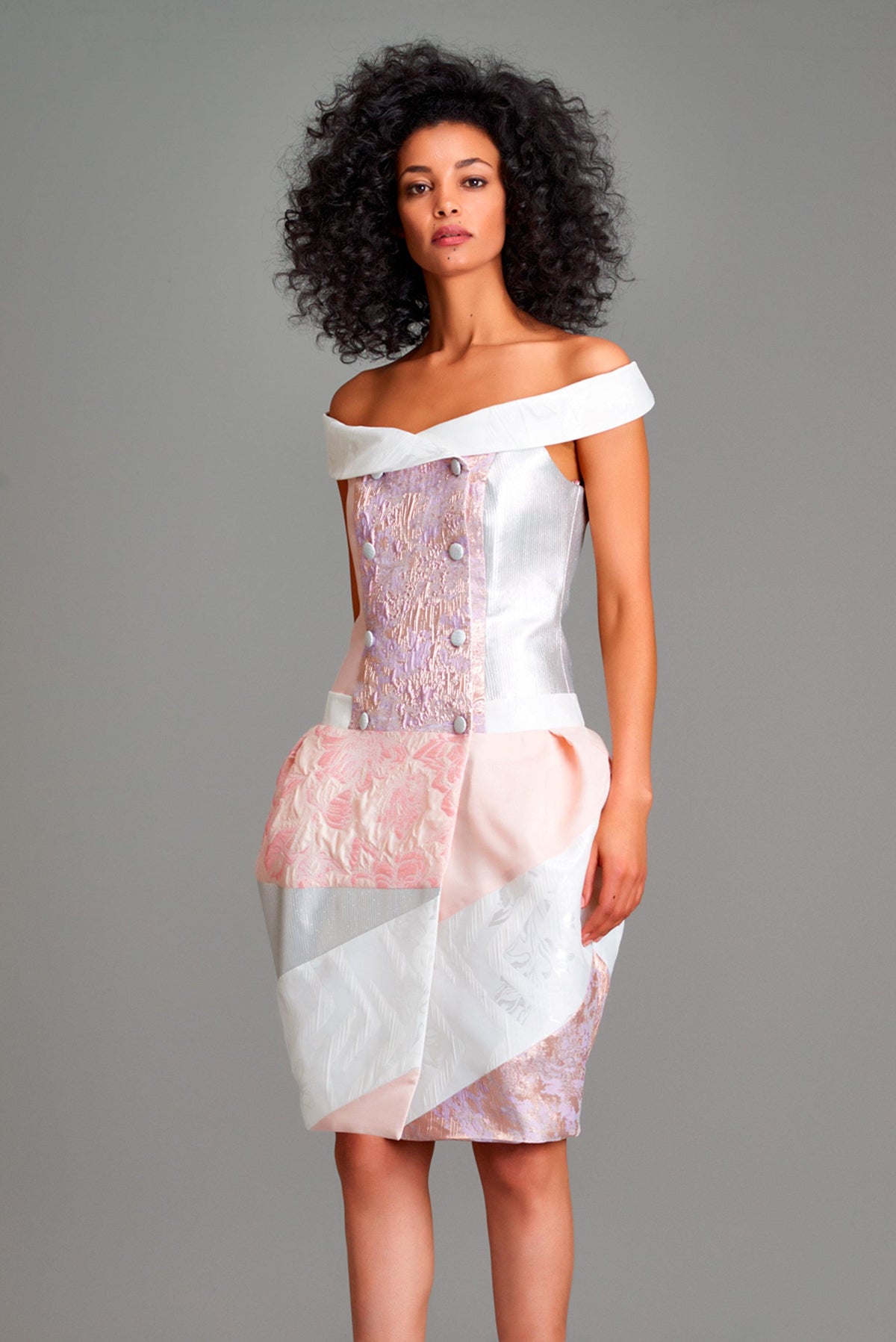 Multi fabric combined off-shoulder short dress - John Paul Ataker